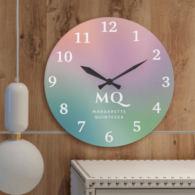 Modern Colorful Pastel and White Monogram Initials Round Clock (Creator Uploaded)