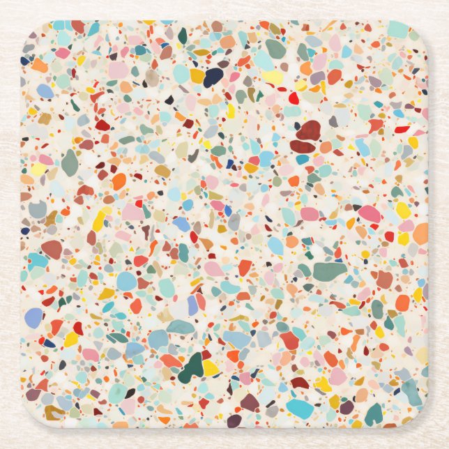 Modern Colorful Pastel Terrazzo Pattern Square Paper Coaster (Front)