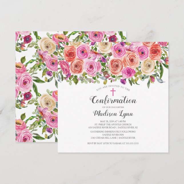 Modern Colorful Pink Floral Confirmation Invitation (Front/Back)