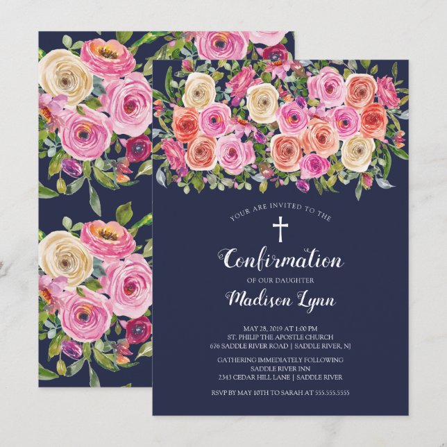 Modern Colorful Pink Floral CONFIRMATION Invitation (Front/Back)