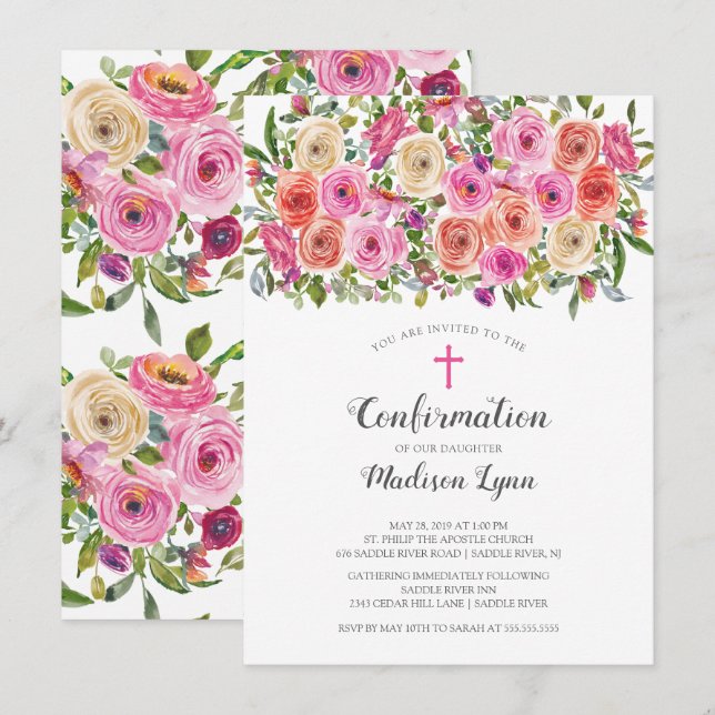 Modern Colorful Pink Floral Confirmation Invitation (Front/Back)