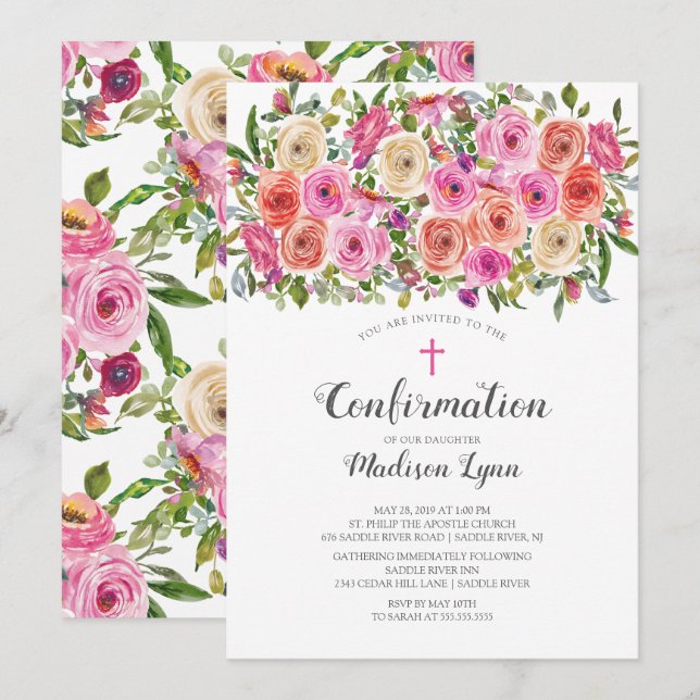 Modern Colorful Pink Floral & Cross Confirmation Invitation (Front/Back)