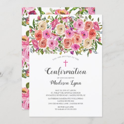Modern Colorful Pink Floral  Cross Confirmation Invitation