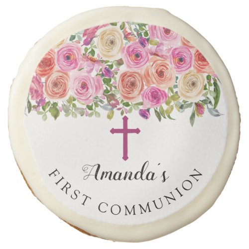 Modern Colorful Pink Floral First Holy Communion Sugar Cookie