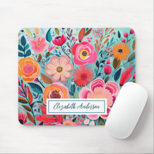 Modern Colorful Pink Flowers Monogram Mouse Pad