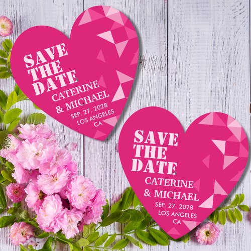 Modern Colorful Pink Heart Geometric Save The Date Paper Coaster