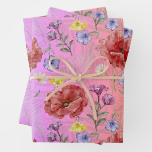 Modern Colorful Pink Red Wildflower Pattern Wrapping Paper Sheets