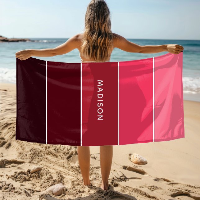 Modern Colorful Pinks Colorblock Personalized Name Beach Towel (Creator Uploaded)