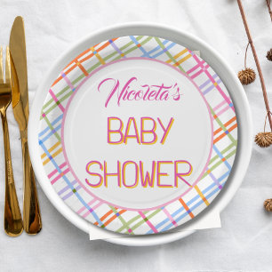 Modern Colorful Plaid Baby Shower Theme Paper Plates