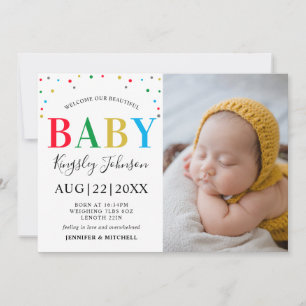 Modern Colorful Polka Dot Unisex Baby Stats Photo Announcement