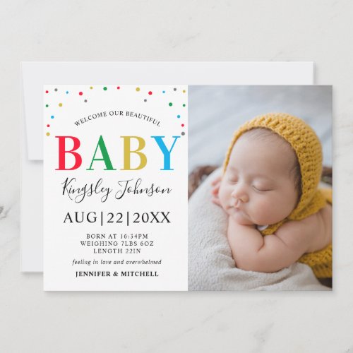 Modern Colorful Polka Dot Unisex Baby Stats Photo Announcement
