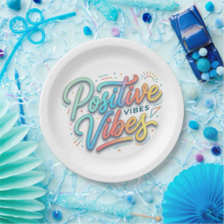 Modern Colorful Positive Vibes Typography Art Paper Plates