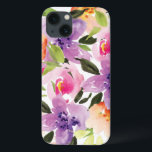 Modern Colorful Preppy Watercolor Boho Flowers iPhone 13 Case<br><div class="desc">Modern preppy watercolor flowers. Purple peach and pink flowers over white background</div>