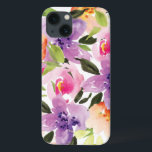 Modern Colorful Preppy Watercolor Boho Flowers iPhone 13 Case<br><div class="desc">Modern preppy watercolor flowers. Purple peach and pink flowers over white background</div>