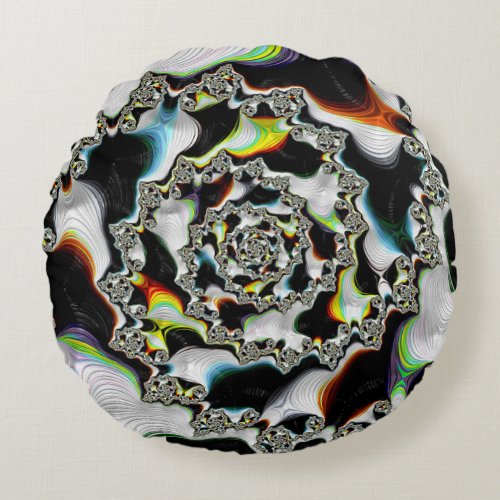 Modern Colorful Psychedelic Spiral Fractal Round Pillow