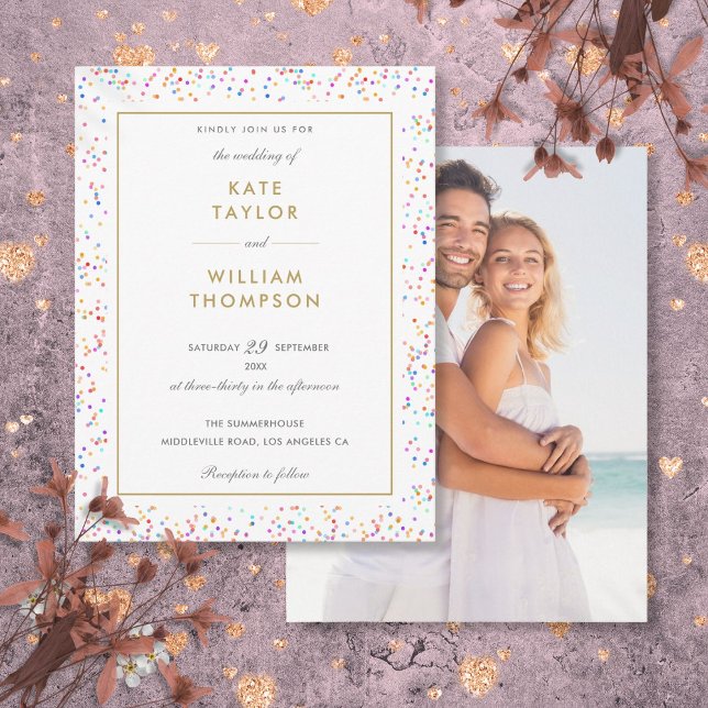 Modern Colorful Rainbow Confetti Photo Wedding  Invitation Postcard (Modern Colorful Rainbow Confetti Photo Wedding Invitation Postcard)