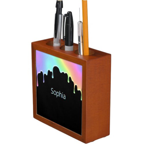 Modern Colorful Rainbow Faux Holographic Drops Desk Organizer