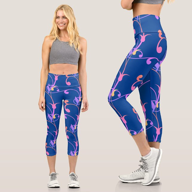 Modern Colorful Rainbow Floral Botanical Pattern Capri Leggings (Creator Uploaded)