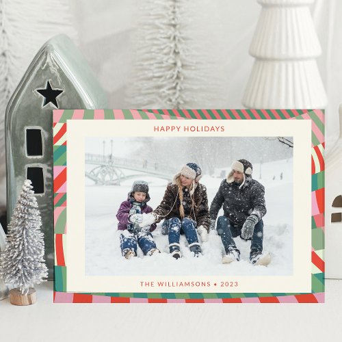 Modern Colorful Red Green Pink Geometric Photo  Holiday Card