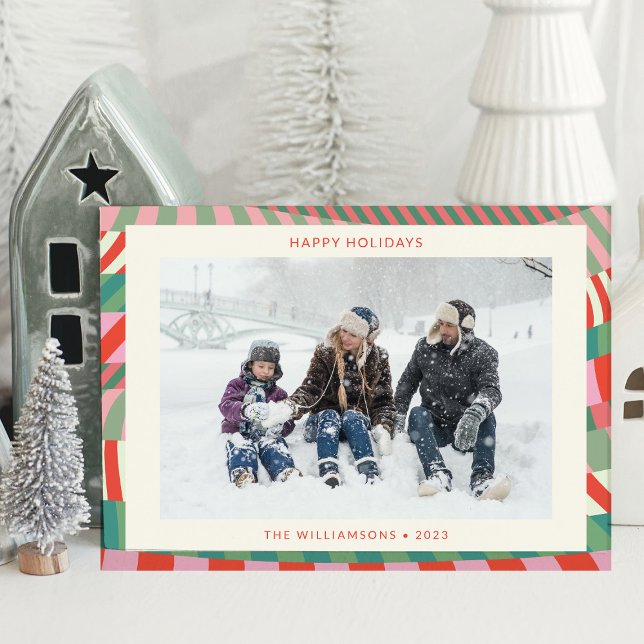 Modern Colorful Red Green Pink Geometric Photo  Holiday Card (Creator Uploaded)