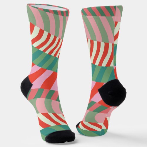 Modern Colorful Red Green Pink Geometric Stripes Socks