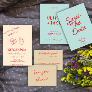 Modern Colorful Retro Fun Whimsical Script Wedding Invitation