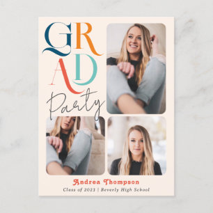 Modern Colorful Retro Three Photo Graduation Invitation Postcard