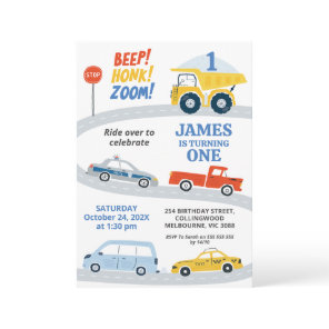 Modern Colorful Road Transport 1st Birthday  Invitation