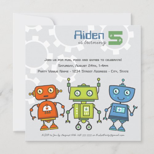Modern Colorful Robots Boys Robot Birthday Party Invitation