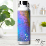 Modern Colorful Script Name Water Bottle<br><div class="desc">Stunning and colorful rainbow hued labradorite stone photo makes the perfect backdrop for a simple and modern design. This is a closeup of a real natural labradorite stone with blue,  purple,  pink,  yellow,  and green.  Personalized Trendy Stylish Colorful Stone Name Water Bottle.</div>