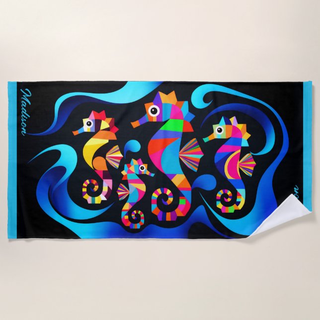 Modern Colorful Seahorses Customizable Beach Towel (Front)