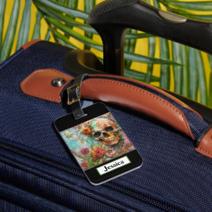 Modern Colorful Skull Flowers Luggage Tag