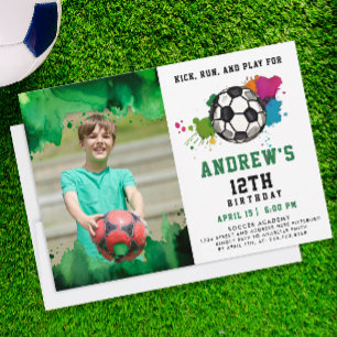 Modern Colorful Soccer Birthday Party Green Photo Invitation