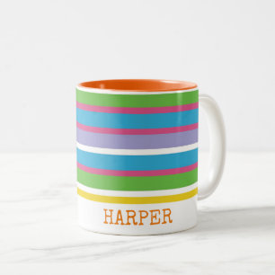 Modern Colorful Stripe NAME Preppy Fun Hip Two-Tone Coffee Mug