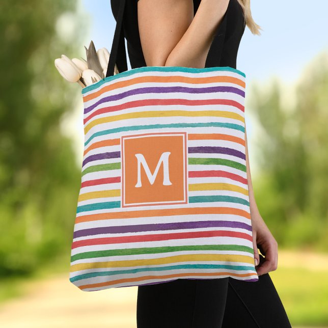 Modern colorful stripes summer monogram tote bag (Creator Uploaded)