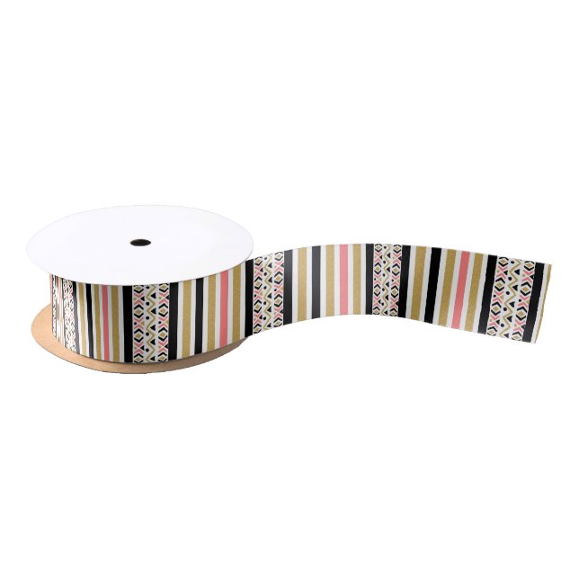 Modern Colorful Stripes & Tribal Shapes Pattern Satin Ribbon (Spool)