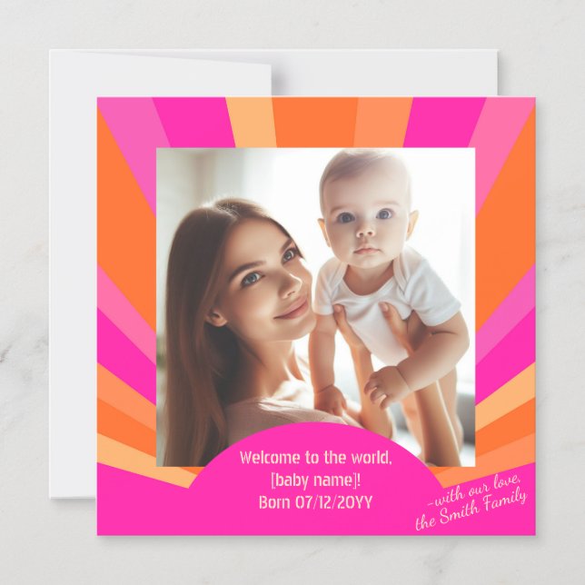 Modern Colorful Sunburst, Baby Photo Announcement (Front)