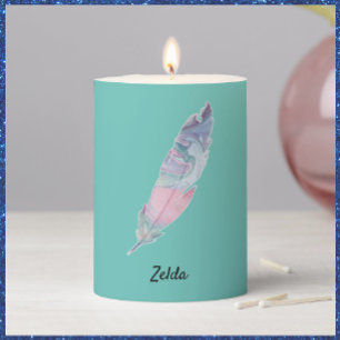 Modern Colorful Teal and Pink Feather Pillar Candle