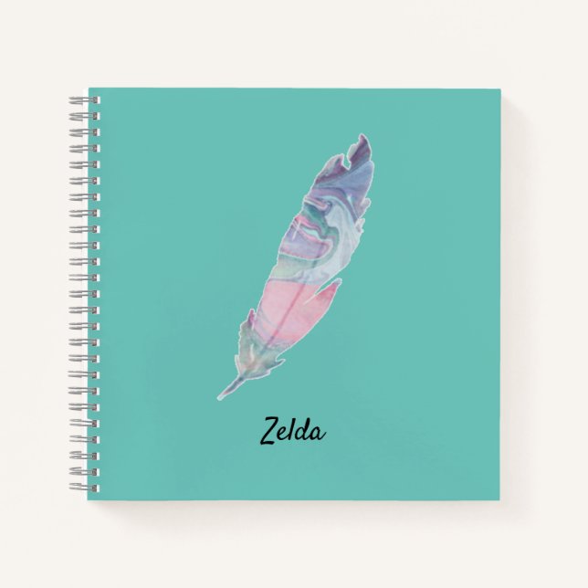 Modern Colorful Teal Blue & Pink Feather Notebook (Front)