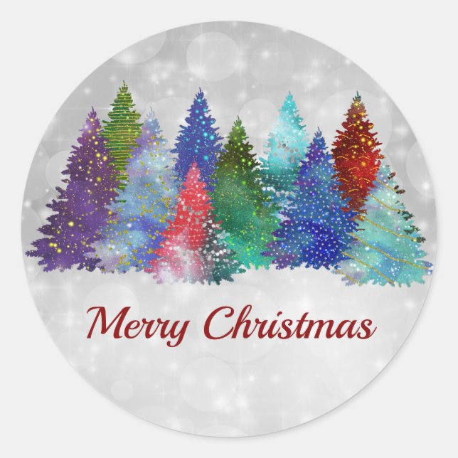 Modern Colorful Trees Watercolor Christmas Classic Round Sticker (Front)