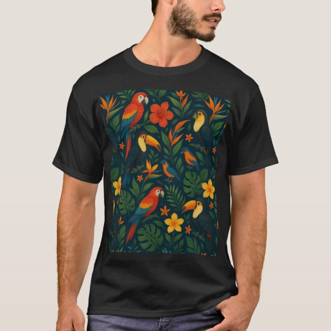 Modern Colorful Tropical Birds with Flowers T-Shirt (Front)