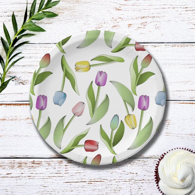 Modern Colorful Tulip Floral Pattern Paper Plates (Creator Uploaded)