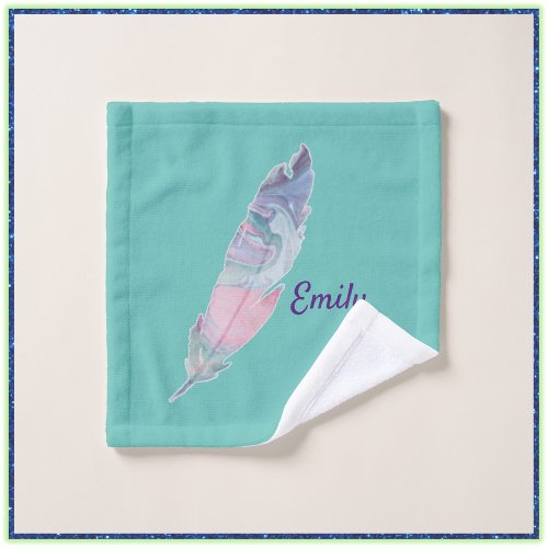 Modern Colorful Turquoise and Pink Feather Bath Towel Set