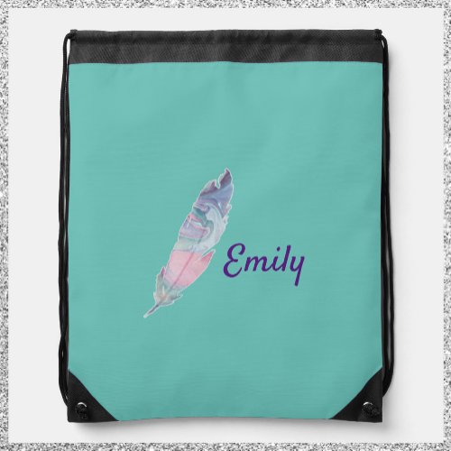 Modern Colorful Turquoise and Pink Feather Drawstring Bag