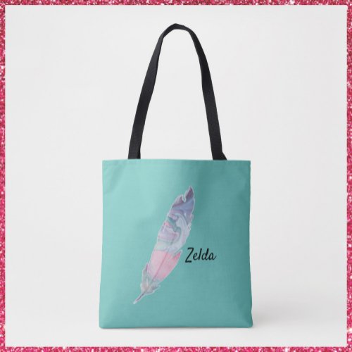 Modern Colorful Turquoise and Pink Feather Tote Bag