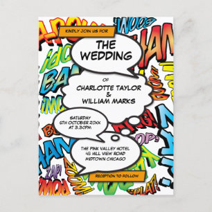 Modern Colorful Typographic Fun Comic Wedding Invitation Postcard