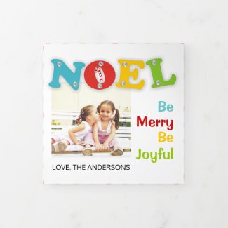 Modern colorful typography Noel Christmas photo Tri-Fold Holiday Card