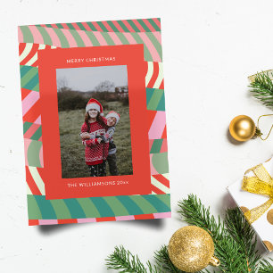 Modern Colorful Unique Red Green Pink Photo Holiday Card