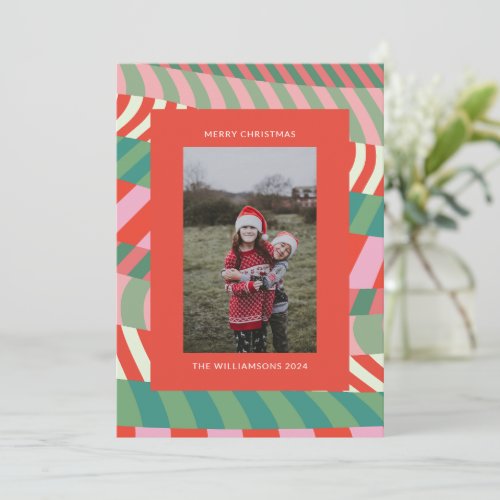 Modern Colorful Unique Red Green Pink Photo  Holiday Card