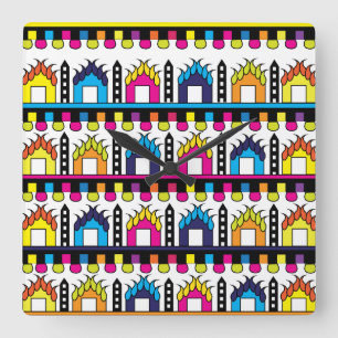 Modern Colorful Village Houses  Square Wall Clock